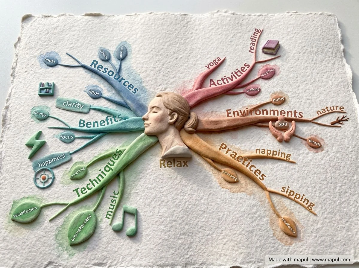 relaxation mind map example with breathing, rest, evening routine, nature, and calming habits