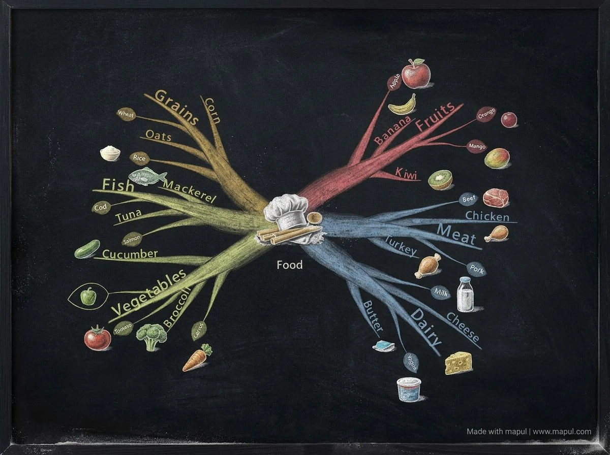 healthy food mind map example with meal planning, vegetables, protein, snacks, hydration, and shopping branches