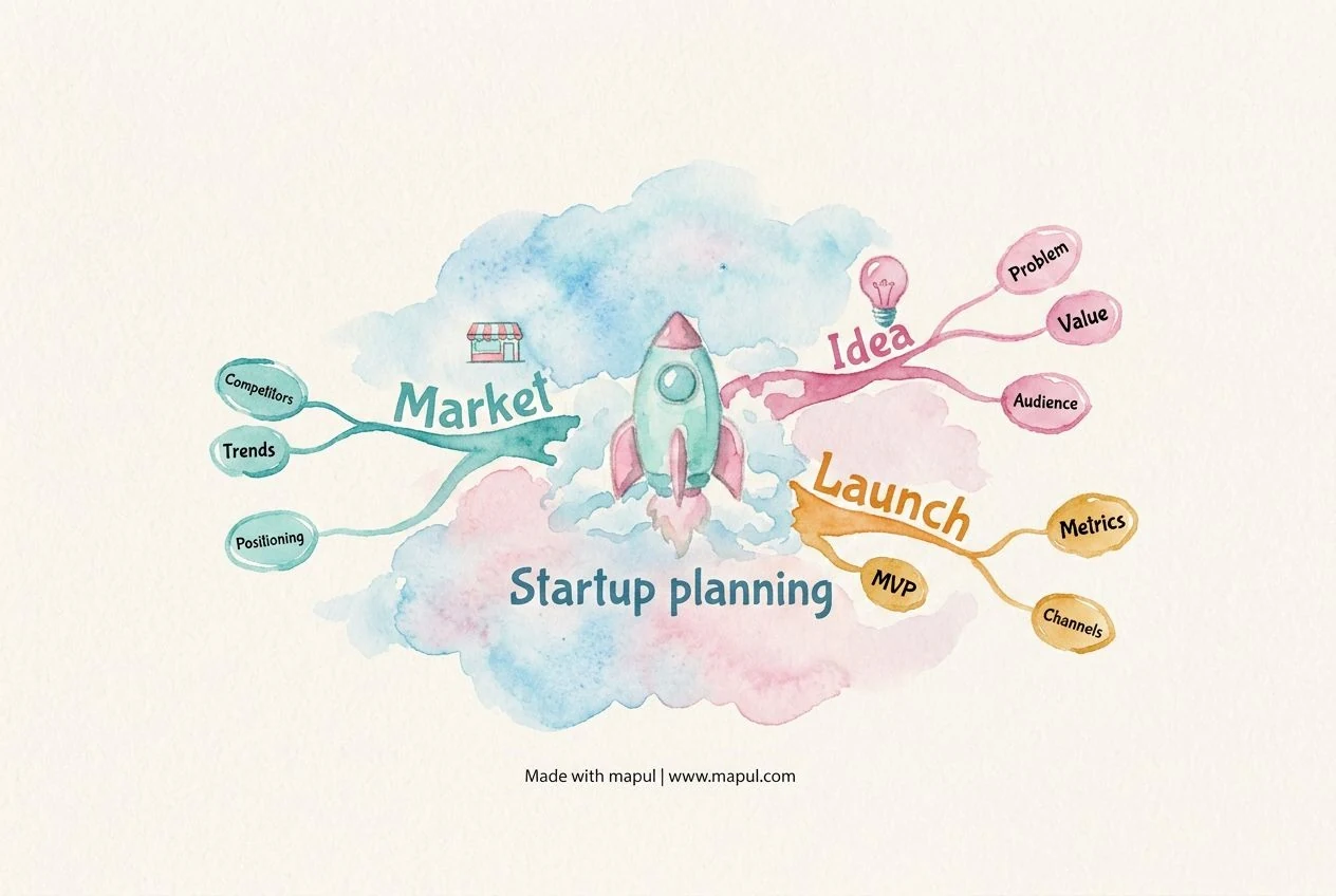 startup idea mind map example with market, product, customers, business model, and launch branches