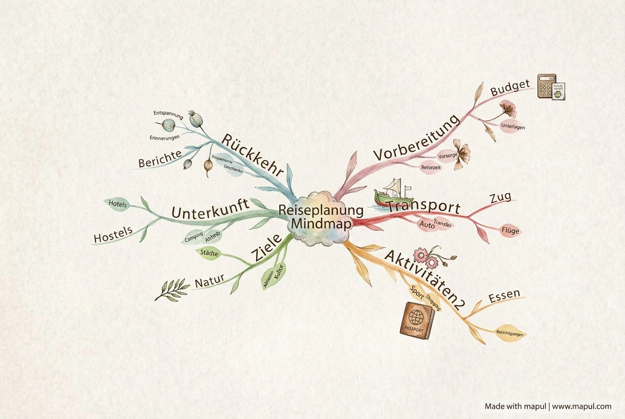 AI-exported mind map about Reiseplanung Mindmap